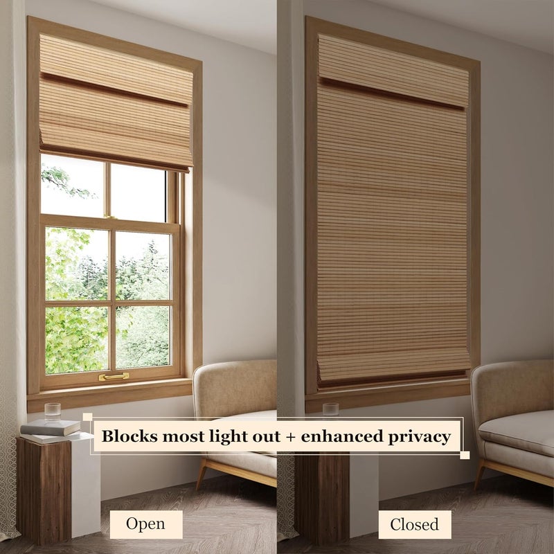 LUCKUP Cordless Bamboo Roman Blinds Shades for Indoor Windows-Blackout Room Darkening Roman Blinds with 6" Valance Cover Enhanced Privacy, 44" W x 64" H - Image 2